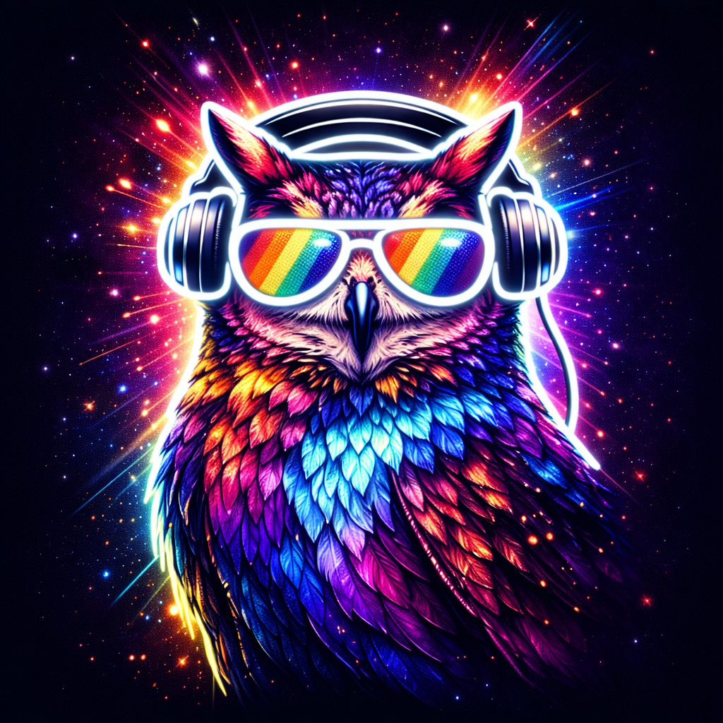 Colorful owl with rainbow sunglasses and headphones against a starry background