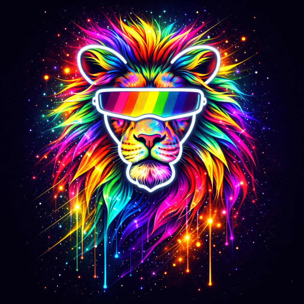Colorful lion with rainbow sunglasses on a dark background