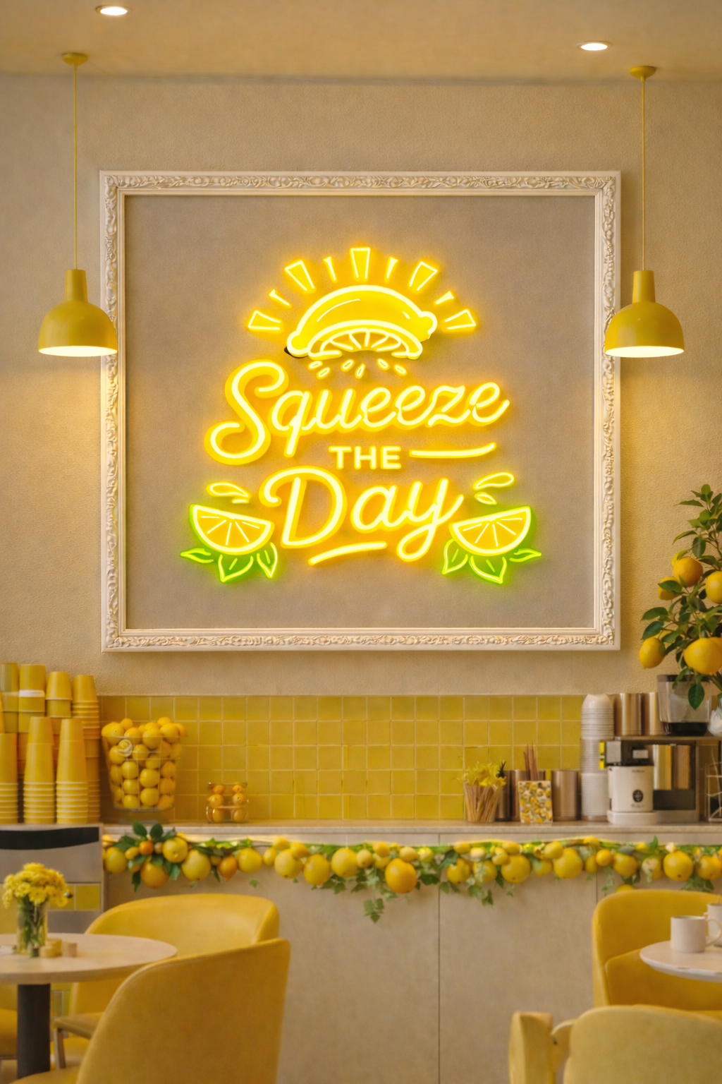 Neon sign with 'Squeeze the Day' in a bright yellow color, framed in a white border, in a room with yellow decor.