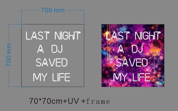 Poster with 'Last Night a DJ Saved My Life' text and dimensions on a gray background