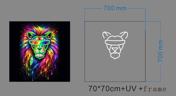 Colorful lion head design with dimensions and frame details on a gray background