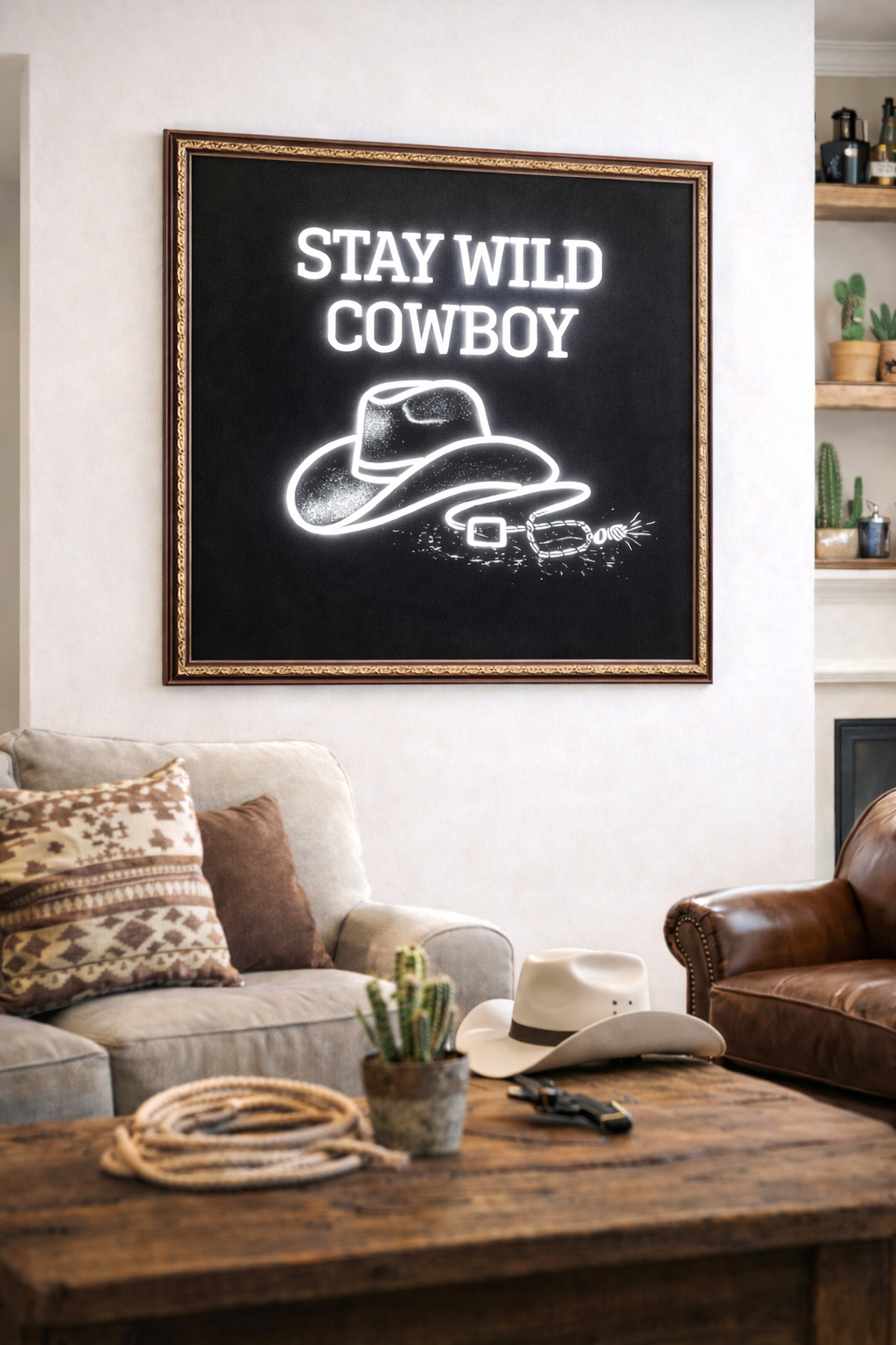 Living room with a framed poster reading 'Stay Wild Cowboy' on the wall.
