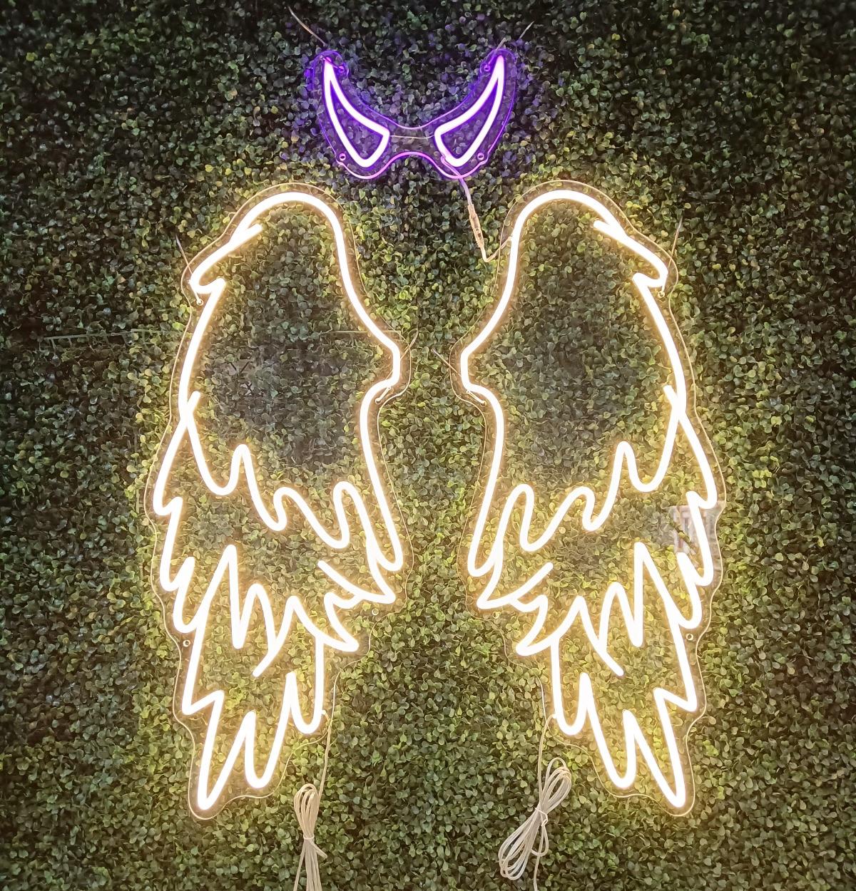 Pair Of Angel Wings With Devil Horns Individual Neon LED Sign HIRE