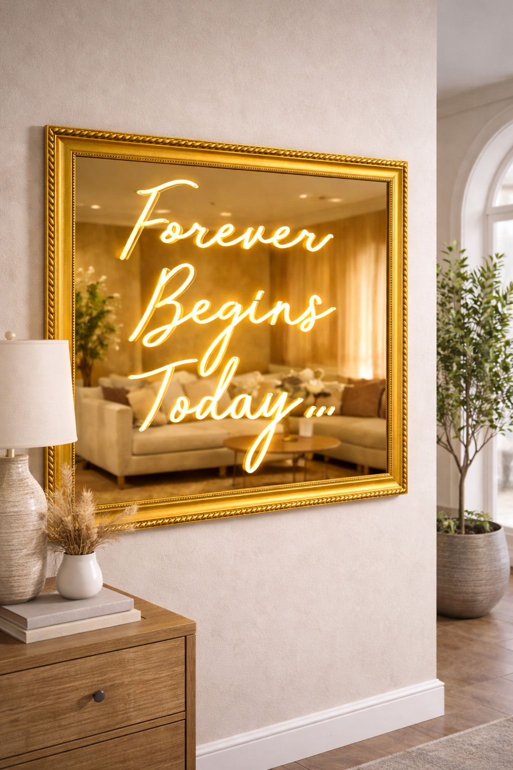 Forever Begins Today LED Neon Framed Sign Gold Mirrored