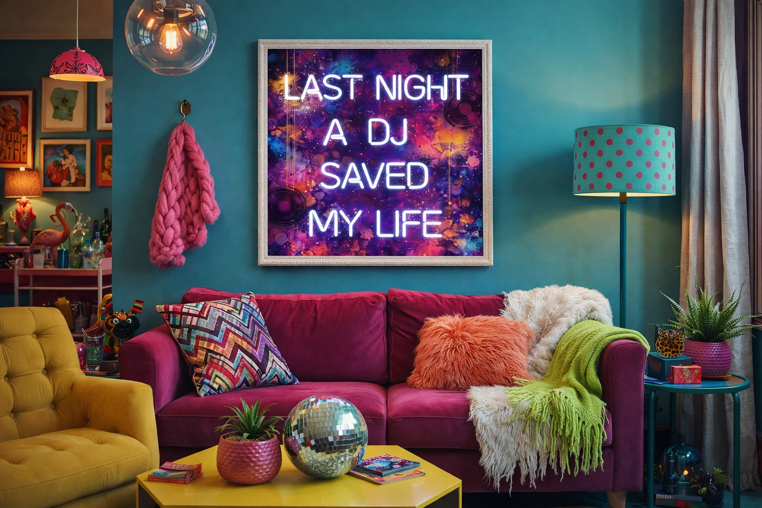 Living room with a vibrant pink sofa, colorful decor, and a neon sign on the wall.