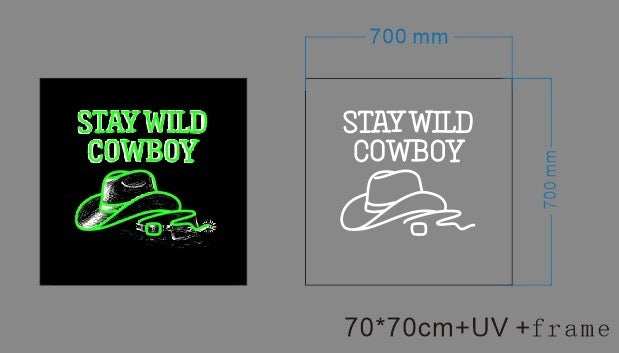 Two versions of a 'Stay Wild Cowboy' design with measurements on a gray background.
