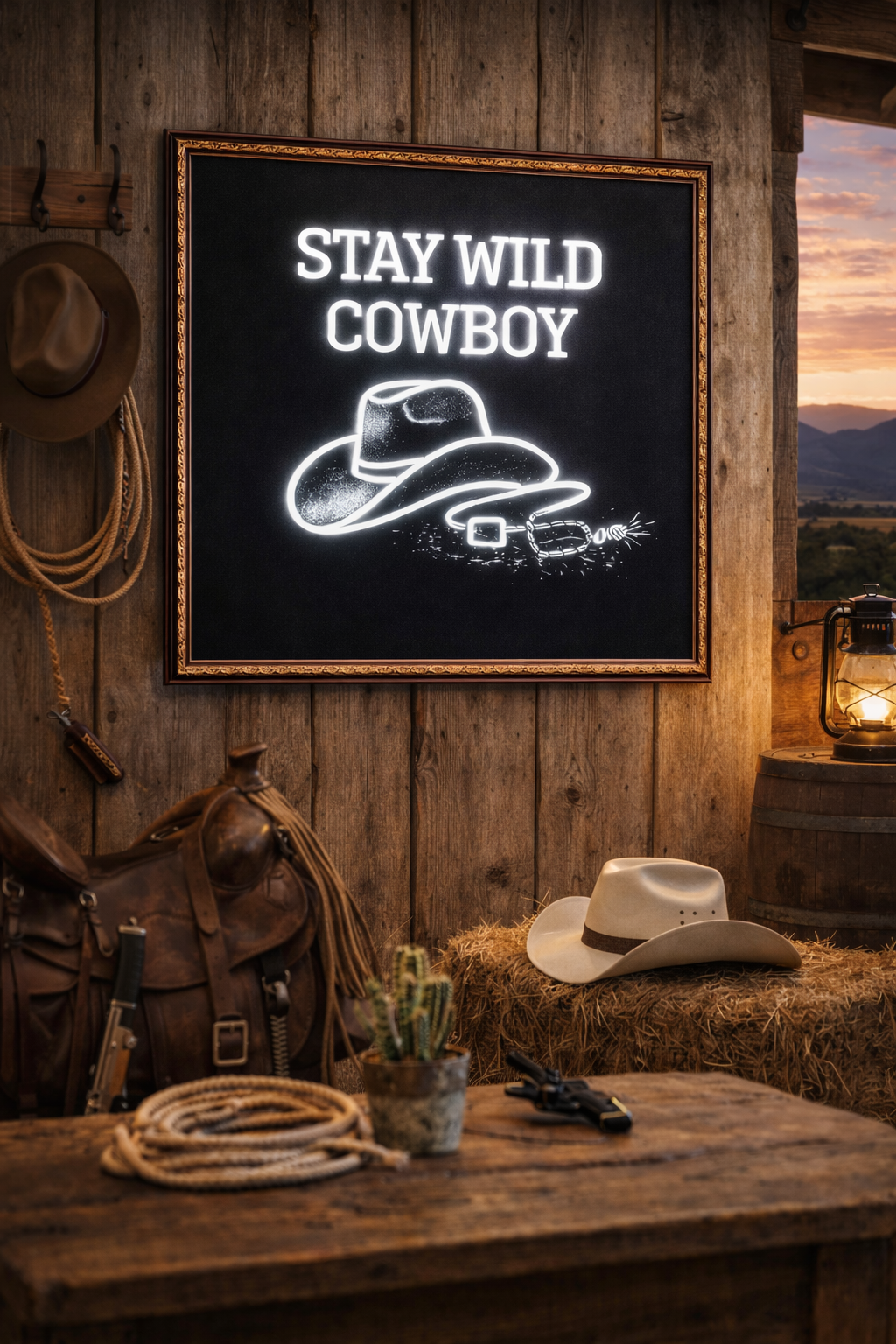 Neon sign with 'Stay Wild Cowboy' on a wooden wall with cowboy hats and boots.